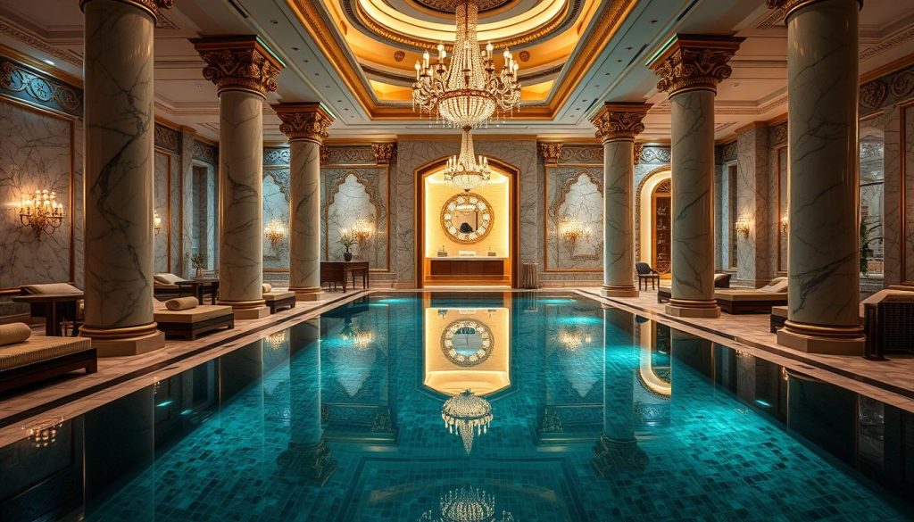 A luxurious spa oasis set in the heart of Istanbul, with grand marble columns and intricate Ottoman-inspired architecture. The interior exudes an air of opulence, with plush fabrics, gilded accents, and softly lit chandeliers casting a warm, inviting glow. In the foreground, a serene infinity pool reflects the surrounding elegance, its crystal-clear waters beckoning guests to indulge in a moment of relaxation. Beyond, private treatment rooms offer the ultimate in pampering, with soothing aromatherapy and state-of-the-art amenities. The overall atmosphere is one of supreme tranquility and rejuvenation, a true haven of luxury in the heart of the bustling city.