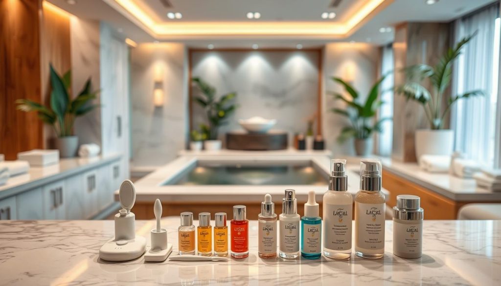 A luxurious spa setting with elegant marble countertops, soft lighting, and an array of spa treatment products. In the foreground, various facial treatment tools and serums are carefully arranged, evoking a sense of pampering and relaxation. The middle ground features plush towels, a facial steamer, and a calming water feature, while the background showcases a serene, minimalist decor with wooden accents and lush greenery, creating a tranquil atmosphere. The overall mood is one of indulgence, self-care, and rejuvenation, perfect for a relaxing spa experience.