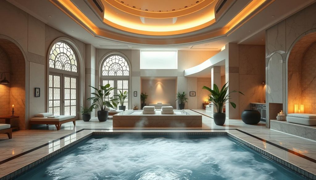 A luxurious traditional Turkish bath nestled within a modern, serene spa setting. The foreground features an opulent marble interior with a large, steaming central pool. Soft, warm lighting filters through stained glass windows, casting a tranquil glow. The middle ground showcases plush lounge areas and private massage chambers, while the background reveals a minimalist, yet elegant architectural design with clean lines and neutral tones. Lush potted plants and aromatic candles add to the calming ambiance. The overall atmosphere evokes a harmonious blend of ancient Middle Eastern tradition and contemporary, high-end spa indulgence.