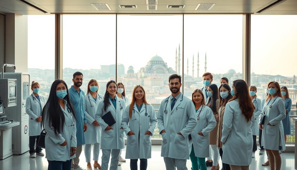 A modern medical facility set against the backdrop of the iconic Istanbul skyline. In the foreground, a team of attentive healthcare professionals greet a diverse group of international patients, their welcoming expressions conveying a sense of compassionate care. The middle ground showcases state-of-the-art diagnostic equipment and well-appointed examination rooms, suggesting the high-quality medical services available. In the distance, the distinctive silhouettes of historic landmarks, such as the Hagia Sophia and the Blue Mosque, create a culturally rich and visually striking environment. Warm, natural lighting filters through large windows, imbuing the scene with a sense of tranquility and professionalism. The overall atmosphere exudes a harmonious blend of advanced medical technology and the unique cultural heritage of Istanbul.
