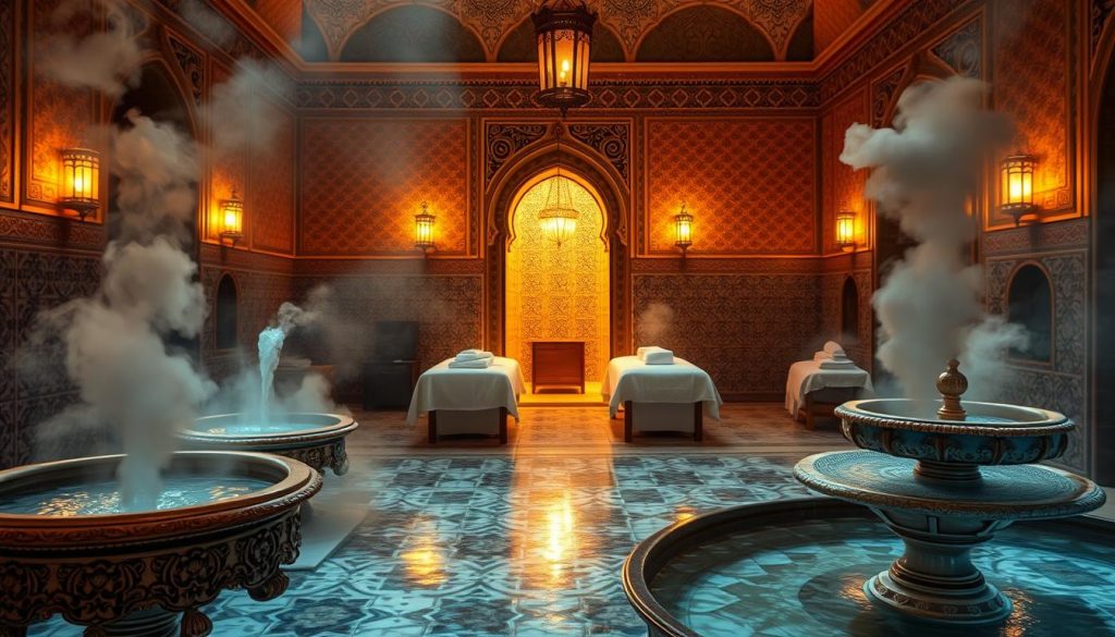 A serene Turkish hammam scene, with a warm and inviting ambiance. In the foreground, ornate marble fountains and basins glisten, while plumes of fragrant steam billow around traditional bathing alcoves. In the middle ground, softly lit massage tables stand ready, draped in luxurious textiles. The background features intricately tiled walls, adorned with intricate patterns and arched entryways, evoking the rich heritage of this timeless ritual. Gentle lighting from ornate lanterns casts a golden glow, creating a tranquil and immersive atmosphere. The scene exudes a sense of timeless tradition and indulgent relaxation.