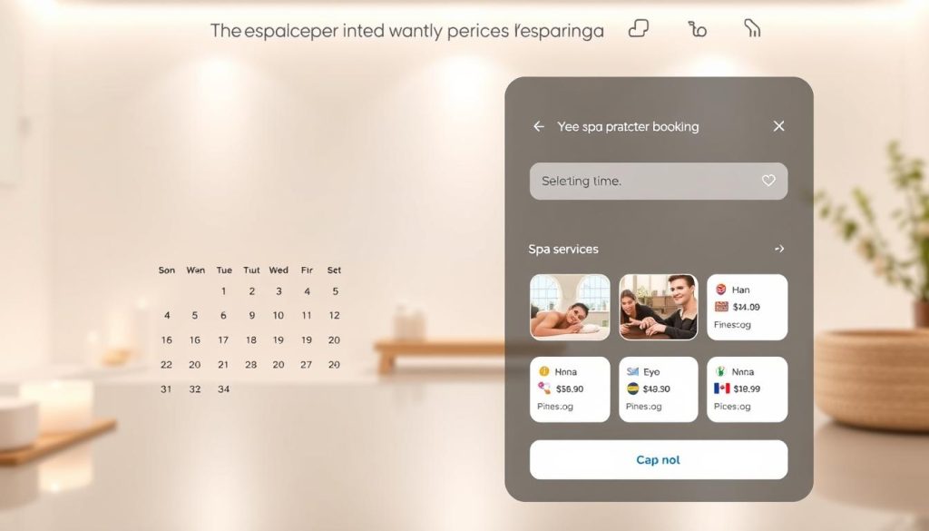 A serene and modern spa booking system interface, showcasing a clean and intuitive layout. The foreground features a booking calendar with elegant typography, allowing users to easily select their desired appointment time. The middle ground displays a selection of spa services, each with a clear price breakdown and visual icons. The background subtly fades into a tranquil, spa-like ambiance, with soft lighting, soothing colors, and a minimalist design that evokes a sense of relaxation. The overall composition conveys a seamless, transparent, and high-quality booking experience, in line with the "Seamless Booking and Transparent Pricing" section title.