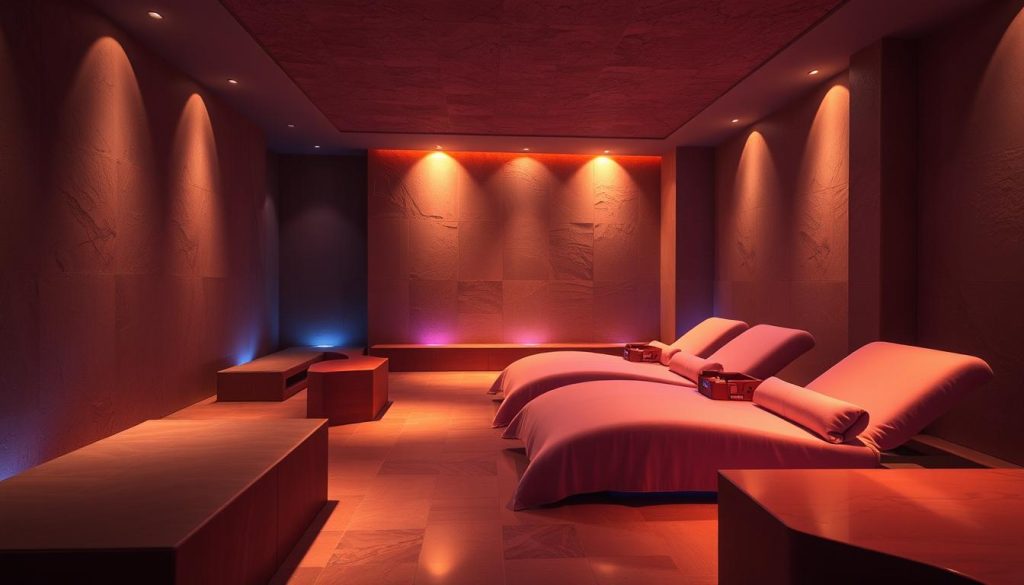 A serene, custom color-therapy spa experience unfolds in a tranquil, dimly-lit space. Soft, diffused lighting from overhead fixtures casts a soothing glow, accentuating the natural textures of the earthy, neutral-toned decor. Plush, oversized chaise lounges invite guests to recline and unwind, surrounded by the calming hues of the color-therapy lighting system. Smooth, polished stone surfaces reflect the gentle illumination, creating a sense of depth and visual harmony. The overall atmosphere evokes a meditative, rejuvenating ambiance, perfectly suited for an exclusive wellness treatment.