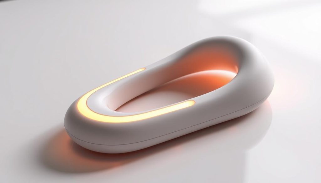 A sleek, ergonomic massage device with a modern, minimalist design. The device features a smooth, curved body and a contoured handle for comfortable grip. The surface is made of a soft, pliable material that gently conforms to the contours of the body. Warm, soft lighting emanates from the device, creating a soothing and relaxing atmosphere. The device is positioned on a smooth, reflective surface, casting a subtle shadow that adds depth and dimension to the scene. The lighting is balanced, with no harsh shadows or highlights, creating a harmonious and calming visual experience.