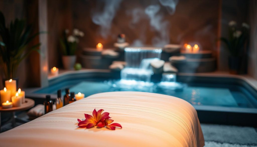 A tranquil aromatherapy massage scene in a dimly lit, cozy spa room. The foreground features a plush massage table draped with crisp white linens, surrounded by an array of essential oil bottles, lit candles, and delicate flower petals. In the middle ground, a soothing waterfall cascades gently, its gentle sounds promoting relaxation. The background is softly blurred, evoking a sense of serenity, with wisps of aromatic steam drifting through the air. The lighting is warm and ambient, casting a calming glow over the entire setting. Overall, the image conveys a blissful, rejuvenating atmosphere perfect for a soothing massage experience.
