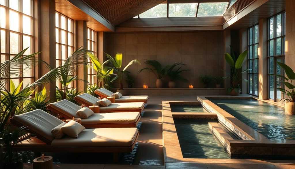 A tranquil spa oasis, bathed in warm, natural light filtering through large windows. Plush, cushioned loungers surrounded by lush, verdant foliage and serene water features. Soft, diffused illumination casts a soothing glow, complemented by the gentle hues of natural stone and wood accents. Calming aromas of essential oils permeate the air, inviting visitors to unwind and embrace a sense of profound relaxation. The overall scene exudes an atmosphere of pure, restorative calm, transporting the viewer to a sanctuary of wellness and rejuvenation.