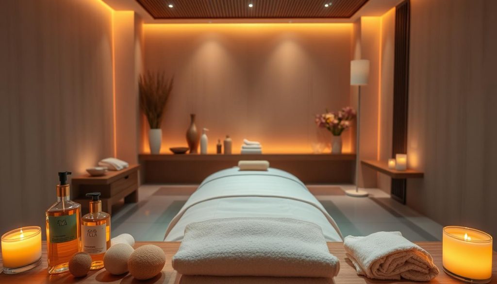A tranquil spa sanctuary, bathed in soft, warm lighting. The foreground features an array of luxurious spa products, meticulously arranged - aromatic oils, natural sponges, and plush towels. In the middle ground, a sleek, modern massage table invites guests to sink into a state of pure bliss. The background showcases a minimalist, yet elegant decor - clean lines, natural materials, and soothing earth tones that create a serene, holistic atmosphere. Serene ambient music fills the air, heightening the sense of relaxation and well-being. This is a space where expert therapists utilize their craft to deliver a transformative wellness experience.