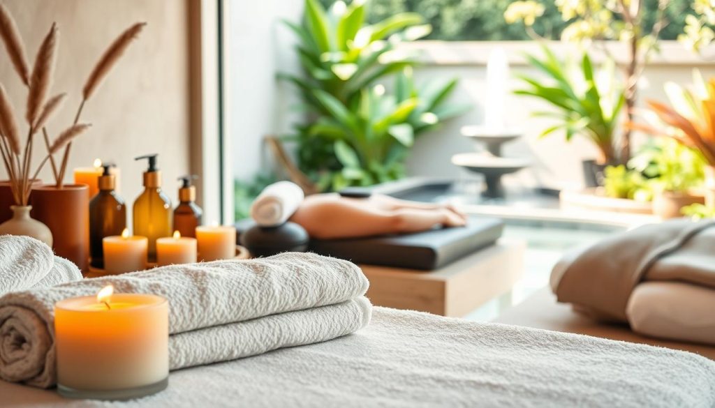A tranquil spa setting, showcasing an array of soothing therapies. In the foreground, plush towels, scented candles, and a selection of massage oils and lotions in earthy tones. The middle ground features a variety of treatments, such as a luxurious hot stone massage, a rejuvenating facial, and a relaxing body wrap, all depicted in muted, calming hues. The background depicts a serene garden oasis, with lush greenery, a trickling fountain, and soft, natural lighting filtering through. The overall atmosphere exudes an aura of rejuvenation and well-being, inviting the viewer to indulge in a transformative spa experience.