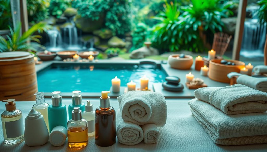 A tranquil spa setting with an array of soothing treatments and amenities. In the foreground, an assortment of massage oils, lotions, and plush towels in calming hues. In the middle ground, a range of relaxation tools like bamboo steamers, hot stones, and scented candles. The background features a serene landscape with lush greenery, cascading waterfalls, and soft, diffused lighting creating a peaceful, restorative ambiance. The overall composition conveys a sense of luxury, indulgence, and holistic well-being, inviting the viewer to immerse themselves in the ultimate spa experience.