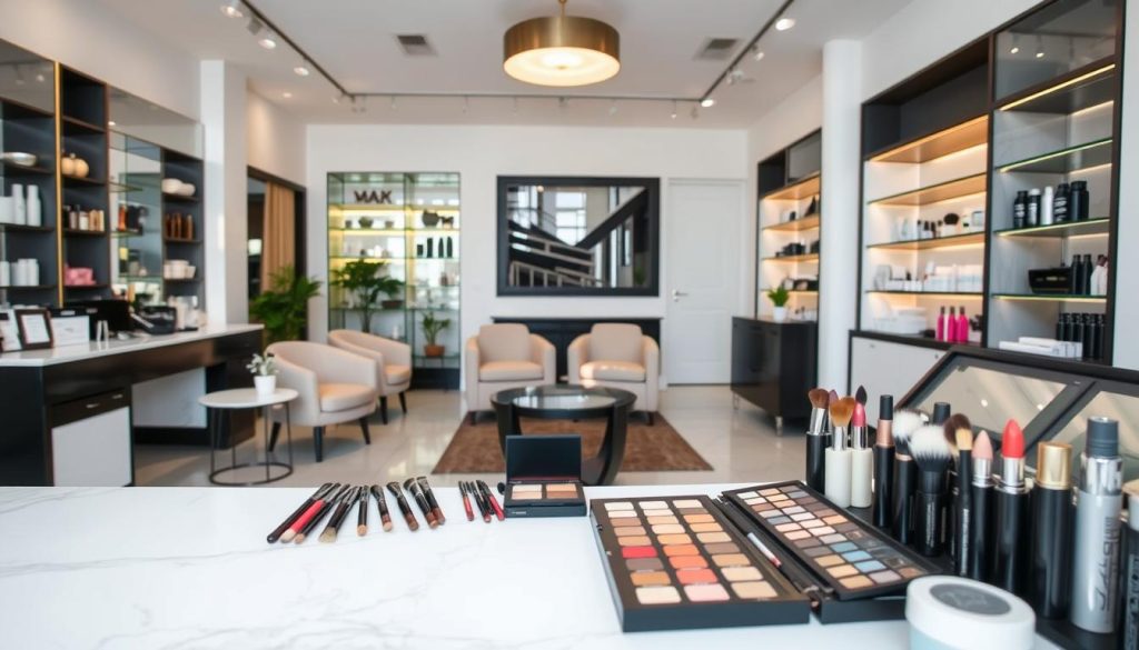 A well-lit, high-quality beauty salon showcasing a range of microblading and makeup services. In the foreground, an elegant display of makeup brushes, palettes, and artfully arranged cosmetic products. In the middle ground, a cozy lounge area with plush chairs and natural lighting, creating a relaxing ambiance. The background features modern and minimalist decor, with sleek shelving units displaying various skincare and beauty items. The overall atmosphere exudes professionalism, attention to detail, and a luxurious experience for the discerning clientele.