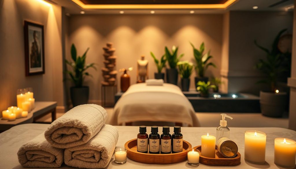 A well-lit interior of a luxurious spa, showcasing a variety of customized wellness packages. In the foreground, an arrangement of plush towels, scented candles, and natural skincare products. In the middle ground, a massage table with crisp linens and a tray of essential oils. The background features a serene, dimly lit ambiance with potted plants and a water feature, creating a calming, tranquil atmosphere. The lighting is soft and warm, accentuating the natural textures and colors. The overall mood evokes a sense of rejuvenation and relaxation, perfectly capturing the essence of the "istanbul thai massage parlor" experience.