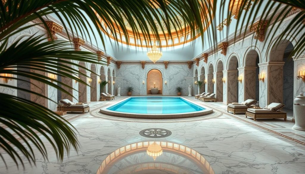 An elegant and serene Turkish spa retreat, with sumptuous marble interiors, opulent gold accents, and soft, diffused lighting. Lush palm fronds frame the scene, casting gentle shadows on the intricately tiled floors. A central infinity pool reflects the ornate domed ceiling, creating a sense of tranquility and relaxation. Reclined chaise lounges and plush textiles invite guests to unwind in the lap of luxury, while the faint aroma of fragrant oils and incense fills the air, transporting the senses to a world of indulgence and wellness.