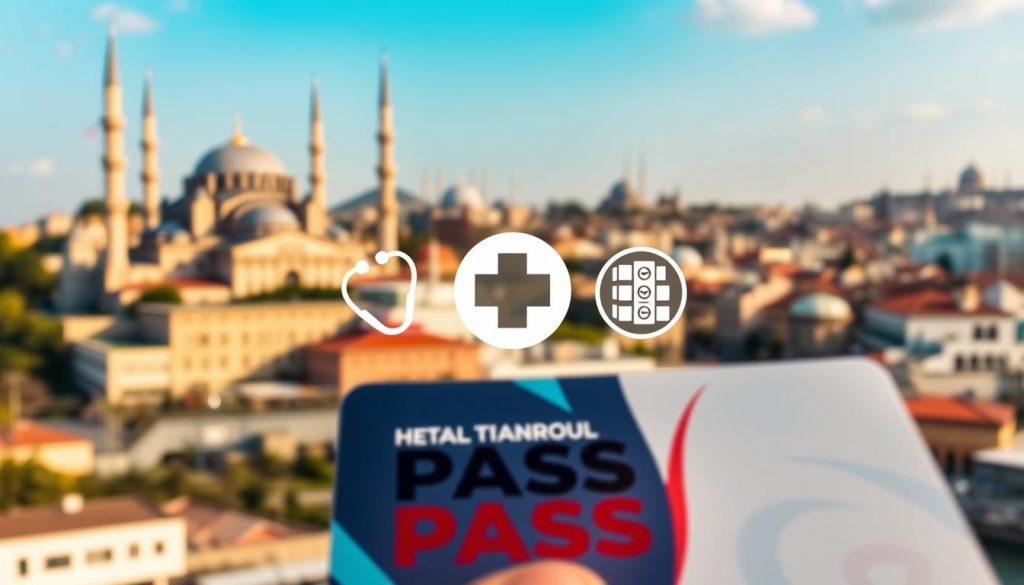 a detailed and visually striking image of the healthcare benefits provided by the Istanbul Tourist Pass. The foreground should feature a close-up view of the pass, showcasing its design and branding. In the middle ground, depict a series of healthcare-related icons or symbols, such as a medical cross, a stethoscope, and a pharmacy logo, to highlight the various services available. The background should capture the vibrant and historic cityscape of Istanbul, with landmarks like the Hagia Sophia, the Blue Mosque, and the Bosporus Strait, creating a sense of place and cultural context. The lighting should be warm and inviting, conveying a mood of accessibility and comfort. The overall composition should be well-balanced and visually compelling, drawing the viewer's attention to the key elements of the Istanbul Tourist Pass healthcare benefits. a detailed and visually striking image of the healthcare benefits provided by the Istanbul Tourist Pass. The foreground should feature a close-up view of the pass, showcasing its design and branding. In the middle ground, depict a series of healthcare-related icons or symbols, such as a medical cross, a stethoscope, and a pharmacy logo, to highlight the various services available. The background should capture the vibrant and historic cityscape of Istanbul, with landmarks like the Hagia Sophia, the Blue Mosque, and the Bosporus Strait, creating a sense of place and cultural context. The lighting should be warm and inviting, conveying a mood of accessibility and comfort. The overall composition should be well-balanced and visually compelling, drawing the viewer's attention to the key elements of the Istanbul Tourist Pass healthcare benefits.