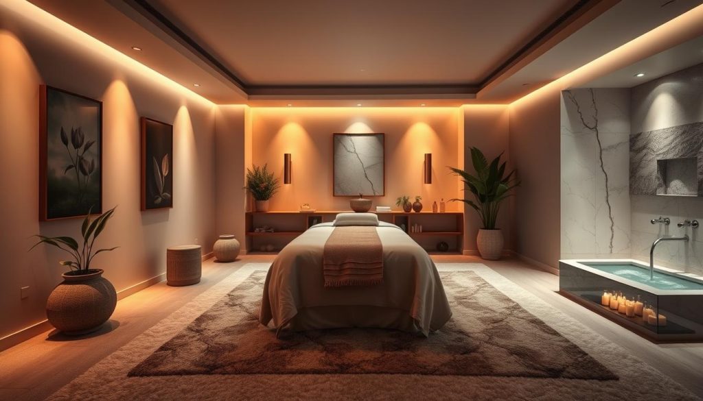 a luxurious private spa room with a tranquil and serene atmosphere. the room is bathed in warm, soft lighting, creating a cozy and inviting ambiance. the focal point is a large, plush massage table draped in high-quality linens, positioned in the center of the room. the walls are adorned with soothing artwork and rich, textured fabrics, while the floor is covered in a lush, plush carpet. natural elements such as potted plants and a water feature add to the calming, spa-like vibe. the room is spacious and well-appointed, with ample space for relaxation and pampering. the overall mood is one of indulgence, relaxation, and luxurious serenity.