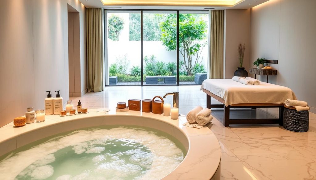 a luxurious spa suite with marble floors, plush towels, and elegant decor. The foreground features a large, contemporary soaking tub filled with fragrant, steam-infused water. Beside the tub, an assortment of premium skincare products, natural sponges, and fragrant candles are artfully arranged. The middle ground showcases a massage table draped in soft linens, with aromatherapy diffusers and a selection of essential oils nearby. The background depicts a serene, minimalist space with floor-to-ceiling windows overlooking a lush garden. Soft, indirect lighting casts a warm, relaxing glow throughout the suite, creating an atmosphere of pure tranquility and indulgence.