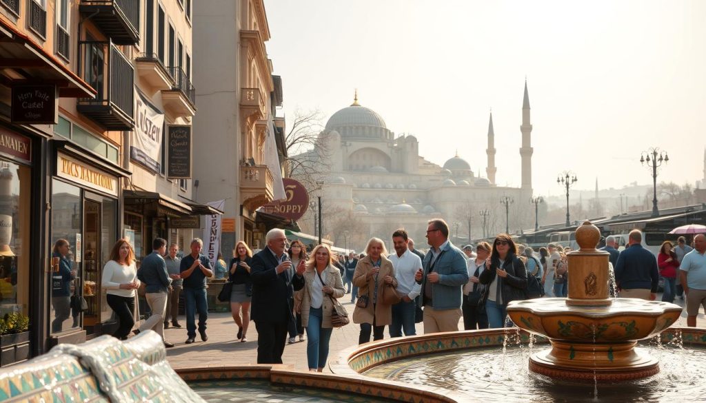 A bustling street in the heart of Istanbul, lined with vibrant shops, cafes, and historic architecture. In the foreground, a colorful mosaic-tiled fountain gently bubbles, inviting passersby to pause and take in the captivating atmosphere. The middle ground features a group of local tour guides, gesturing animatedly as they share the city's hidden gems with a small group of awestruck tourists. In the background, the iconic domes and minarets of the Hagia Sophia and the Blue Mosque rise majestically, bathed in warm, golden light that filters through the hazy sky. The scene conveys the sense of discovery, cultural immersion, and the blend of old and new that defines the Istanbul experience.