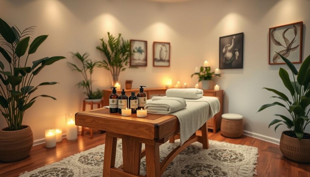 A cozy and inviting massage studio, with soft lighting and serene atmosphere. On a wooden table, an array of massage oils, towels, and soothing candles are neatly arranged. The room is adorned with lush greenery, calming wall art, and a plush rug underfoot. The camera angle captures the scene from a slightly elevated perspective, creating a sense of tranquility and relaxation. The overall mood is one of pampering and indulgence, setting the stage for an exceptional massage experience.