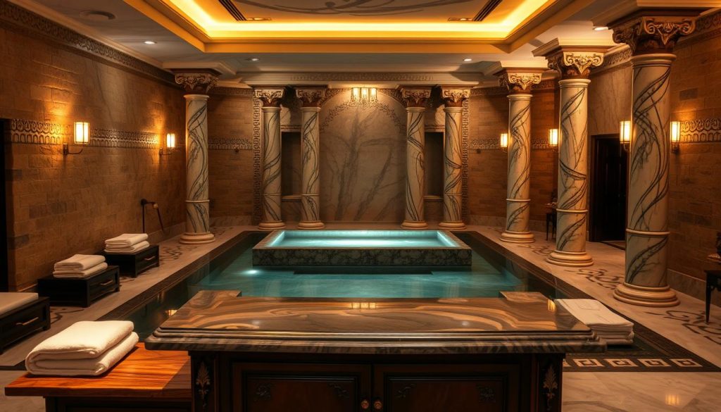 A cozy and luxurious spa sanctuary in Istanbul, with natural stone walls, warm lighting, and plush towels neatly folded. A serene central pool is surrounded by ornate marble columns, their intricate patterns casting soft shadows. The air is filled with the soothing scent of essential oils, and a tranquil atmosphere invites guests to indulge in a rejuvenating experience. In the foreground, a welcoming reception desk with an ornate wooden counter and decorative brass accents, creating an inviting and sophisticated ambiance. The overall scene exudes a sense of timeless elegance and relaxation, capturing the essence of an exceptional spa experience in the heart of Istanbul.