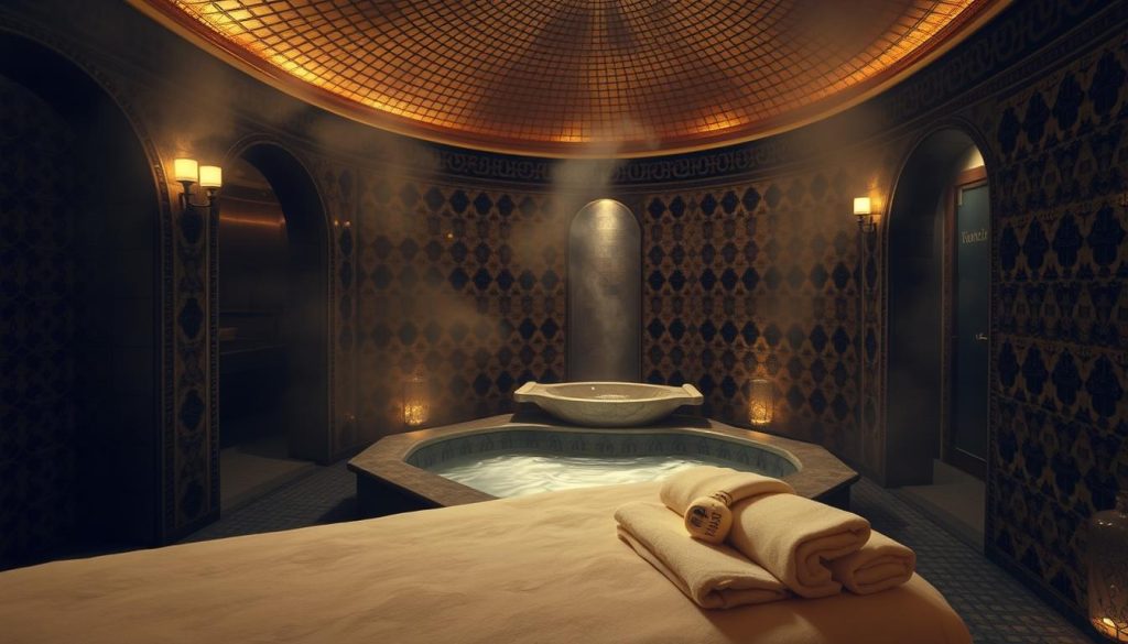 A cozy, dimly lit hammam interior with ornate tiles, arched doorways, and steam-filled air. In the foreground, a plush massage table with fluffy white towels and an array of fragrant oils and lotions. In the middle ground, a sunken marble basin filled with warm, rippling water, surrounded by intricate carved stone. In the background, a tiled dome ceiling with subtle lighting, casting a warm, inviting glow. The atmosphere is one of tranquility and relaxation, with a sense of timeless luxury and tradition.