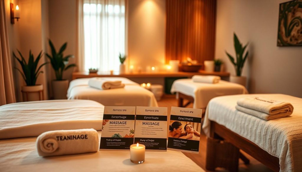 A cozy, inviting spa setting with plush massage tables, soft lighting, and luxurious towels and robes. Soothing aromatherapy candles flicker, casting a warm glow. In the middle ground, a selection of affordable spa packages are displayed, showcasing various massage and treatment options. The background features a serene, minimalist decor with natural elements like potted plants and wooden accents, creating a calming atmosphere. The overall impression is one of tranquility and relaxation, emphasizing the affordable and accessible nature of the spa services.