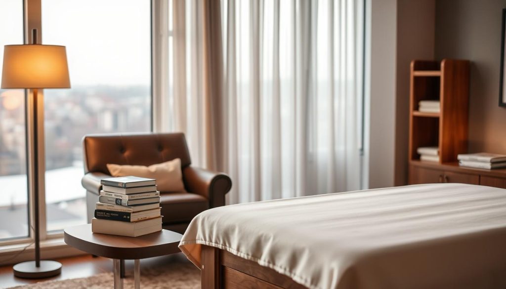 A cozy living room with a plush leather armchair and a wooden side table, featuring a stack of soft, inviting books. Warm, directional lighting from a stylish floor lamp casts a gentle glow, creating an atmosphere of relaxation and comfort. A beautifully crafted massage table stands in the middle of the room, its clean lines and elegant design inviting the viewer to imagine a soothing massage session. The background is filled with a serene, blurred cityscape, hinting at the convenience of a home massage service in the heart of Bakırköy, Istanbul. A cozy living room with a plush leather armchair and a wooden side table, featuring a stack of soft, inviting books. Warm, directional lighting from a stylish floor lamp casts a gentle glow, creating an atmosphere of relaxation and comfort. A beautifully crafted massage table stands in the middle of the room, its clean lines and elegant design inviting the viewer to imagine a soothing massage session. The background is filled with a serene, blurred cityscape, hinting at the convenience of a home massage service in the heart of Bakırköy, Istanbul.