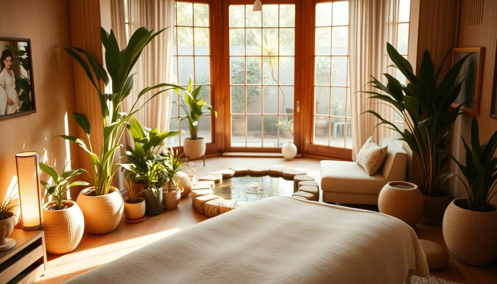 A cozy, serene massage studio with warm lighting and natural materials. A plush massage table sits in the foreground, surrounded by potted plants and natural wood accents. The middle ground features a tranquil water feature and soft textile furnishings, creating a calming ambiance. In the background, large windows let in diffused daylight, overlooking a serene garden or courtyard. The overall atmosphere exudes relaxation, comfort, and attention to detail, reflecting the professionalism and care of the massage services offered.