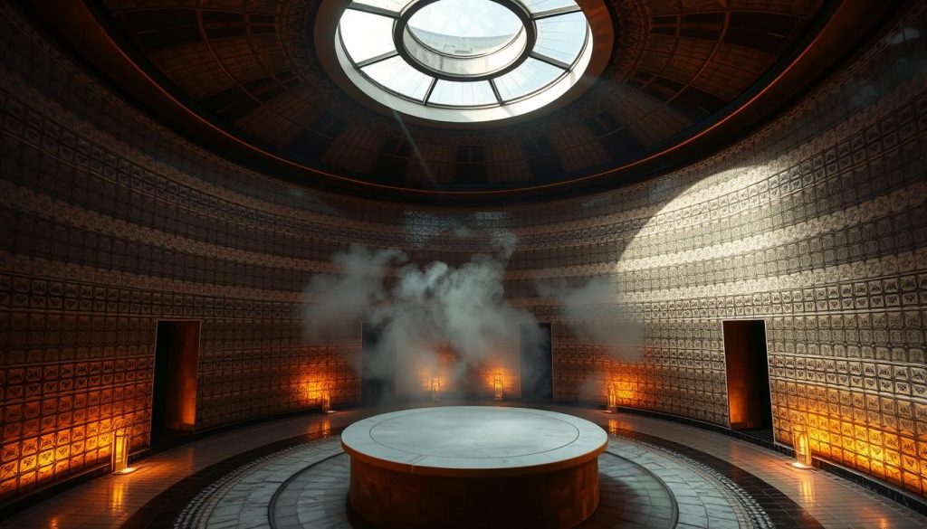 A dimly lit Turkish hamam with ornate tiled walls, steam rising from the heated marble slab in the center. Soft, warm lighting casts a golden glow, reflecting off the intricate patterns. A tranquil, serene atmosphere permeates the space, inviting visitors to relax and unwind. The large, rounded ceiling features a central oculus, allowing natural light to filter in. The scene evokes a sense of timeless tradition and authentic Turkish spa culture. A dimly lit Turkish hamam with ornate tiled walls, steam rising from the heated marble slab in the center. Soft, warm lighting casts a golden glow, reflecting off the intricate patterns. A tranquil, serene atmosphere permeates the space, inviting visitors to relax and unwind. The large, rounded ceiling features a central oculus, allowing natural light to filter in. The scene evokes a sense of timeless tradition and authentic Turkish spa culture.