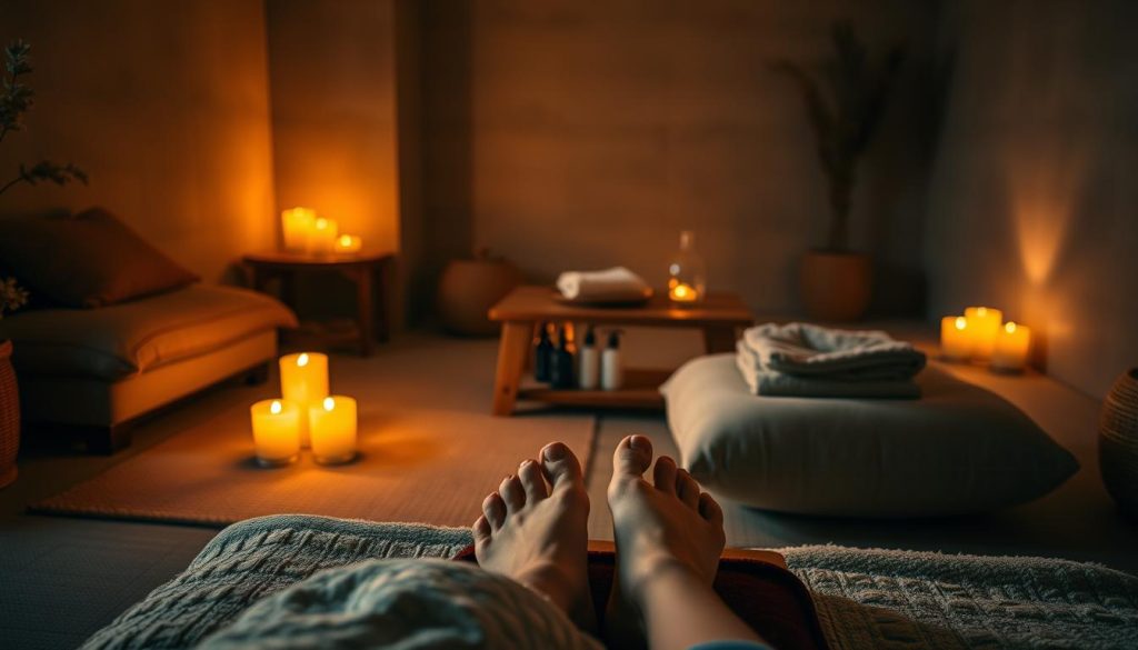 A dimly lit, cozy foot massage setting with plush cushions and a wooden footrest. Soft, warm lighting from scented candles creates a serene, relaxing atmosphere. In the foreground, a pair of feet rests comfortably on the footrest, awaiting the skilled hands of a massage therapist. The middle ground features a low, wooden table with massage oils and lotions, ready for the pampering session. The background showcases a tranquil, minimalist room with earthy tones and natural textures, evoking a sense of tranquility and well-being. A dimly lit, cozy foot massage setting with plush cushions and a wooden footrest. Soft, warm lighting from scented candles creates a serene, relaxing atmosphere. In the foreground, a pair of feet rests comfortably on the footrest, awaiting the skilled hands of a massage therapist. The middle ground features a low, wooden table with massage oils and lotions, ready for the pampering session. The background showcases a tranquil, minimalist room with earthy tones and natural textures, evoking a sense of tranquility and well-being.