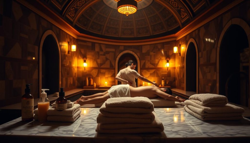 A dimly lit, cozy hammam (Turkish bath) scene. In the foreground, plush towels and an array of massage oils and lotions sit on a marble slab. The middle ground features a reclined massage therapist, hands skillfully kneading the back of a relaxed client. Soft, warm lighting from overhead fixtures casts a golden glow, creating an atmosphere of tranquility and pampering. The background showcases the iconic domed architecture and intricate tile work characteristic of traditional Istanbul hammams, transporting the viewer to an unparalleled sensory experience.