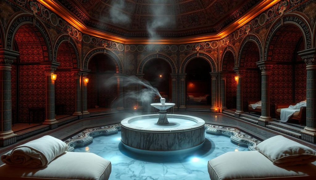 A dimly lit, ornate Turkish bath interior with intricate tile work, arched doorways, and warm lighting. In the foreground, a central seating area with plush cushions and towels. In the middle ground, steam rises from a central marble fountain, creating a hazy, atmospheric ambiance. The background features additional alcoves and seating areas, with bathers wrapped in towels and relaxing. The overall scene conveys a sense of tranquility, cultural tradition, and high-end luxury. A dimly lit, ornate Turkish bath interior with intricate tile work, arched doorways, and warm lighting. In the foreground, a central seating area with plush cushions and towels. In the middle ground, steam rises from a central marble fountain, creating a hazy, atmospheric ambiance. The background features additional alcoves and seating areas, with bathers wrapped in towels and relaxing. The overall scene conveys a sense of tranquility, cultural tradition, and high-end luxury.