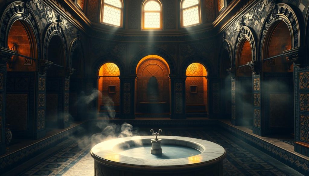 A dimly lit, ornate Turkish hamam interior with intricate tile patterns, ornate arched doorways, and steam rising from the central marble basin. Warm, golden lighting filters through the high windows, casting a cozy, relaxing atmosphere. The composition features the central bathing area in the foreground, with various alcoves and chambers visible in the middle and background. The overall scene evokes a sense of traditional Ottoman luxury and tranquility, inviting the viewer to discover the hidden gems of Istanbul's spa culture.