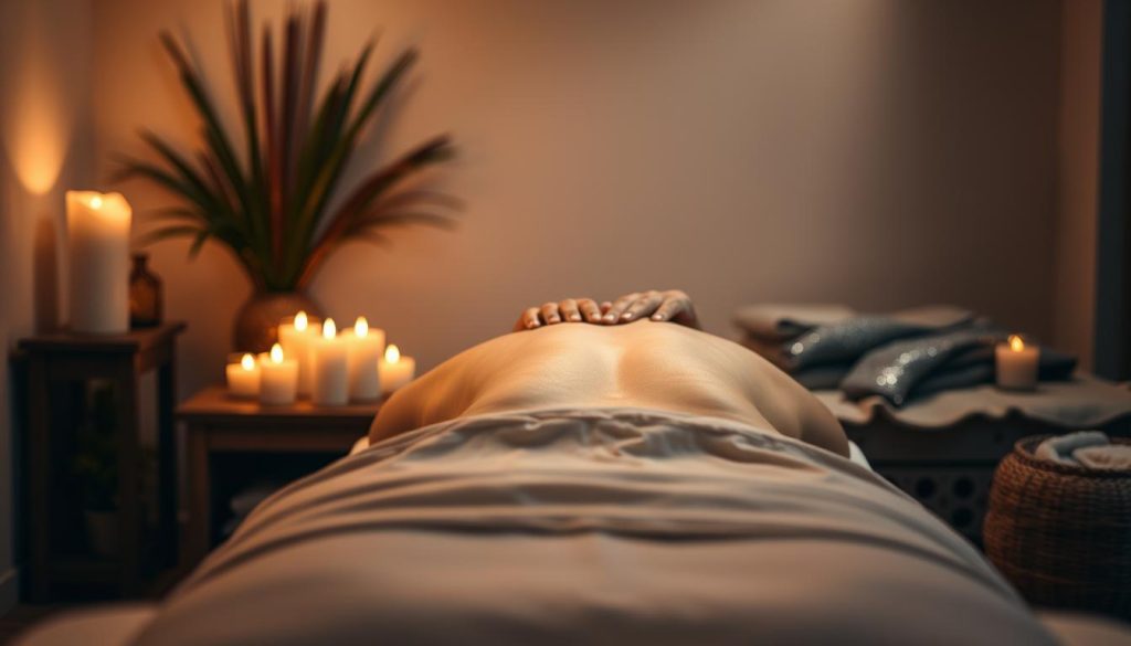 A dimly lit spa-like setting, with a massage table in the foreground, adorned with plush linens and aromatherapy candles. In the middle ground, skilled hands gently knead and glide over a client's back, using a blend of long, flowing strokes and targeted pressure points. The background features soothing neutral tones, soft lighting, and natural elements such as plants or a water feature, creating a calming, restorative atmosphere. The scene conveys a sense of tranquility, relaxation, and the therapeutic benefits of massage.