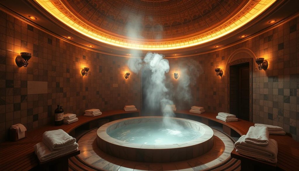 A dimly lit, traditional Turkish hammam with warm, natural lighting. The tiled walls and domed ceiling create a serene, tranquil atmosphere. A large, circular marble bath is the centerpiece, steam rising from the hot water. Plush towels and luxurious bath products are neatly arranged on wooden benches. Soft, ambient sounds of water and gentle music fill the air, evoking a sense of relaxation and renewal. The space is adorned with ornate architectural details, transporting the viewer to an authentic Turkish bathing experience. The overall mood is one of deep tranquility and indulgence. A dimly lit, traditional Turkish hammam with warm, natural lighting. The tiled walls and domed ceiling create a serene, tranquil atmosphere. A large, circular marble bath is the centerpiece, steam rising from the hot water. Plush towels and luxurious bath products are neatly arranged on wooden benches. Soft, ambient sounds of water and gentle music fill the air, evoking a sense of relaxation and renewal. The space is adorned with ornate architectural details, transporting the viewer to an authentic Turkish bathing experience. The overall mood is one of deep tranquility and indulgence.