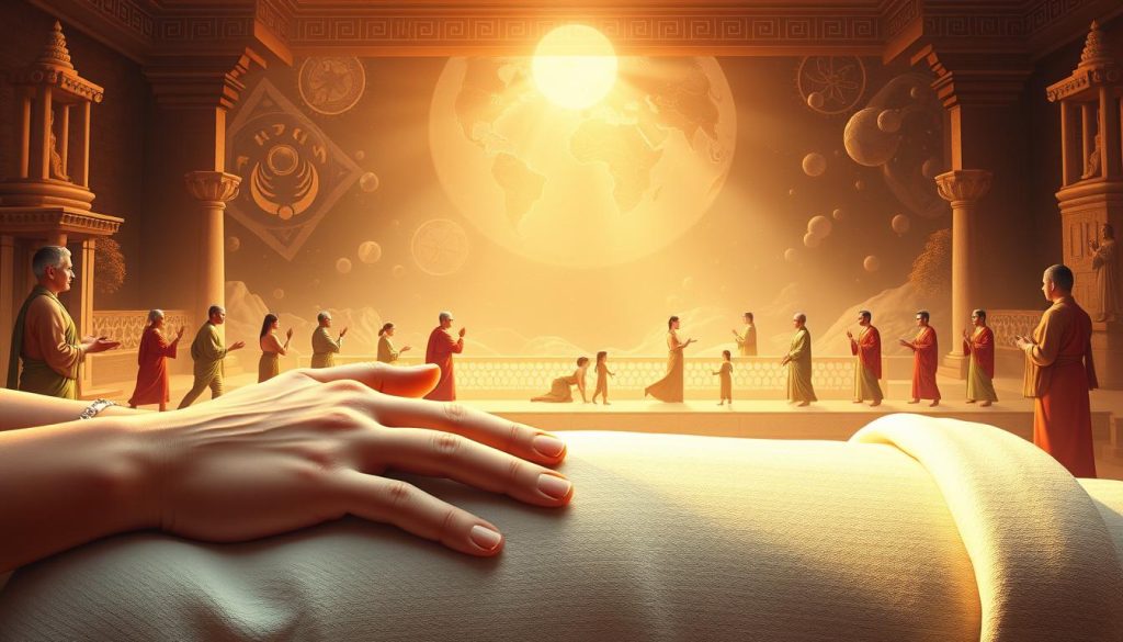 A grand, awe-inspiring illustration showcasing the history of massage therapy. In the foreground, skilled hands tenderly knead away tension and stress, capturing the essence of the practice. The middle ground features ancient healing traditions from around the world, with serene figures in flowing robes demonstrating timeless techniques. In the background, a majestic timeline unfolds, tracing the origins and evolution of this holistic art, from ancient civilizations to modern day wellness. Soft, warm lighting illuminates the scene, creating a calming, meditative atmosphere. The composition is balanced, with harmonious colors and a sense of timeless elegance. A grand, awe-inspiring illustration showcasing the history of massage therapy. In the foreground, skilled hands tenderly knead away tension and stress, capturing the essence of the practice. The middle ground features ancient healing traditions from around the world, with serene figures in flowing robes demonstrating timeless techniques. In the background, a majestic timeline unfolds, tracing the origins and evolution of this holistic art, from ancient civilizations to modern day wellness. Soft, warm lighting illuminates the scene, creating a calming, meditative atmosphere. The composition is balanced, with harmonious colors and a sense of timeless elegance.