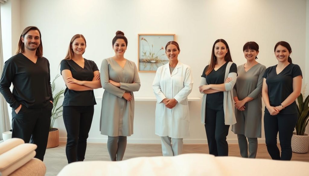 A group of certified massage therapists, dressed in professional attire, standing in a serene, minimalist studio setting. The therapists have a calm, reassuring demeanor and exude expertise. Soft, diffused lighting creates a warm, therapeutic ambiance. The camera angle is slightly elevated, allowing the viewer to see the therapists' faces and upper bodies, conveying a sense of professionalism and care. The background is a clean, neutral palette, with subtle natural elements like potted plants or artwork, enhancing the relaxing atmosphere.