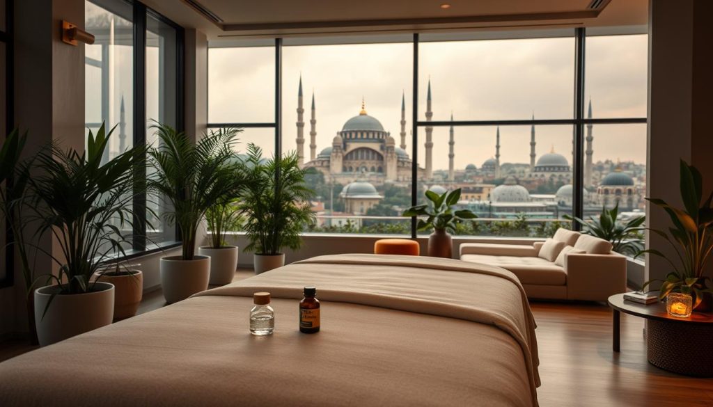 A lush, modern spa oasis in the heart of historic Istanbul. The foreground features an elegant Turkish marble treatment table, adorned with plush linens and essential oils. In the middle ground, a serene relaxation lounge with plush seating and verdant potted plants. The background showcases the iconic Hagia Sophia and Blue Mosque, their domes and minarets visible through large windows. Diffused, warm lighting creates a tranquil, rejuvenating atmosphere. The overall scene conveys the blending of traditional Turkish spa culture with contemporary wellness trends.