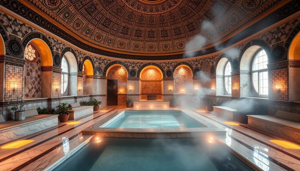 A luxurious Turkish bath and spa in Tuzla, Istanbul, with intricate mosaic-tiled walls, a central marble-clad plunge pool, and soothing warm lighting. Wisps of steam rise from the hot stone benches, creating a serene, atmospheric ambiance. Potted plants and lush greenery line the perimeter, adding a touch of natural tranquility. The camera captures the scene from a low angle, showcasing the grandeur of the domed ceiling and the inviting, relaxing atmosphere of this wellness oasis.