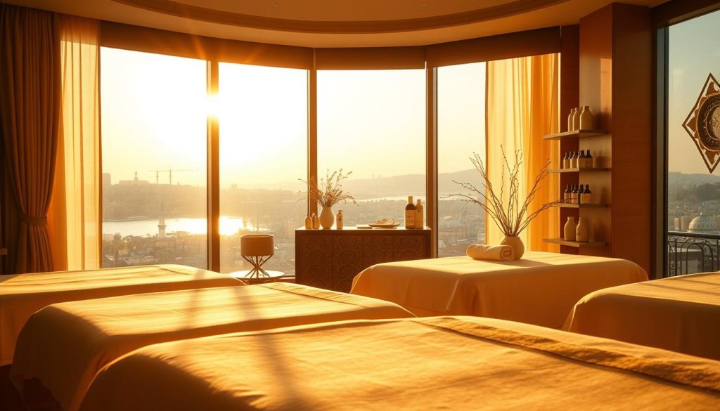 A luxurious massage parlor in Istanbul's vibrant Şişli district, bathed in warm, golden light. Plush massage tables in the foreground, draped with soft linens. Soothing scents of essential oils fill the air, creating a tranquil ambiance. Tasteful, minimalist decor in the middle ground, with subtle Turkish motifs. In the background, a serene view of the bustling city skyline through large windows. High-quality massage tools and products neatly arranged, conveying professionalism and expertise. Soft, diffused lighting casts a calming glow, inviting guests to indulge in the ultimate relaxation experience.