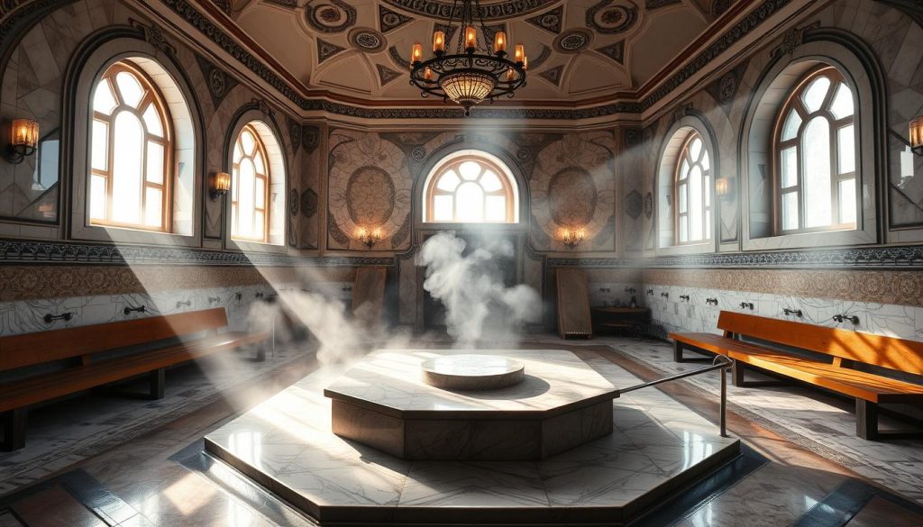 A luxurious spa sanctuary in Istanbul's Yenikapı district, immersed in the serene ambiance of a traditional Turkish hamamı. Sunlight filters through ornate arched windows, casting a warm glow on the elegant marble interior. Plumes of steam rise from the central heated stone platform, enveloping the space in a soothing mist. Intricate tile patterns adorn the walls, complemented by ornate light fixtures that create a contemplative atmosphere. Wooden benches line the perimeter, inviting guests to recline and indulge in the restorative heat. A sense of timeless tranquility pervades the scene, promising a rejuvenating escape from the bustling city.