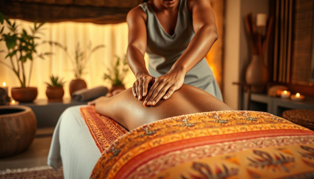 A luxurious spa scene with an African-inspired massage treatment in progress. In the foreground, a skilled massage therapist's hands work skillfully on a client's back, using long, soothing strokes and gentle pressure. Vibrant textiles in warm, earthy tones adorn the massage table, creating a cozy, inviting atmosphere. The background features a softly lit, serene space with natural elements like potted plants, natural stone, and wooden accents, evoking a serene, holistic ambiance. Soft, diffused lighting casts a soothing glow, while the camera captures the scene from a slightly elevated angle, emphasizing the expertise and care of the massage treatment.