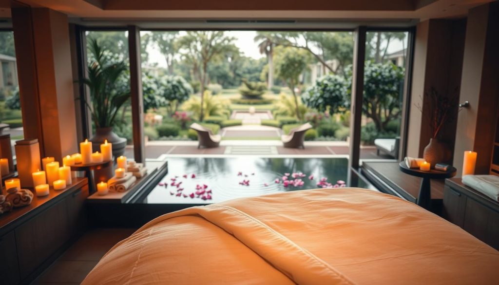 A luxurious spa setting, bathed in warm, soft lighting. In the foreground, a plush massage table draped with crisp, white linens, inviting guests to indulge in rejuvenating treatments. Surrounding it, an array of candles, essential oil diffusers, and carefully curated spa amenities, creating a soothing, tranquil atmosphere. In the middle ground, a reflection pool with floating flower petals, its calming ripples echoing the peaceful ambiance. In the background, a panoramic view of a serene garden, with lush greenery and a harmonious blend of natural elements that transport the viewer to a sanctuary of relaxation and renewal. A luxurious spa setting, bathed in warm, soft lighting. In the foreground, a plush massage table draped with crisp, white linens, inviting guests to indulge in rejuvenating treatments. Surrounding it, an array of candles, essential oil diffusers, and carefully curated spa amenities, creating a soothing, tranquil atmosphere. In the middle ground, a reflection pool with floating flower petals, its calming ripples echoing the peaceful ambiance. In the background, a panoramic view of a serene garden, with lush greenery and a harmonious blend of natural elements that transport the viewer to a sanctuary of relaxation and renewal.