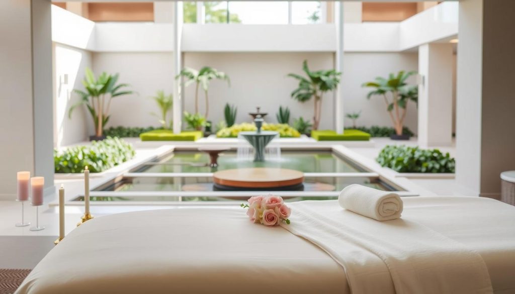 A luxurious spa setting with a serene, high-end ambiance. The foreground features a beautifully designed massage table draped in soft, plush linens, with delicate floral arrangements and flickering candles nearby. The middle ground showcases a tranquil water feature, such as a cascading fountain or serene pond, surrounded by lush, well-manicured greenery. The background depicts a minimalist, yet elegant architecture with large windows allowing natural light to flood the space, creating a warm and inviting atmosphere. The overall mood is one of pure relaxation and indulgence, perfectly capturing the essence of premium spa services.
