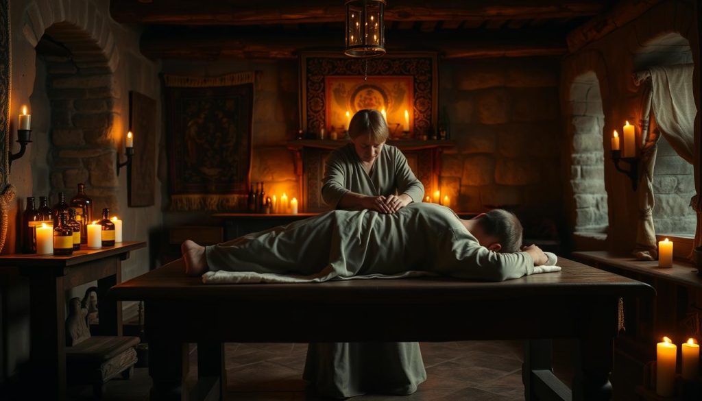 A medieval chamber with warm, flickering candlelight illuminating the scene. In the foreground, a figure lies on a simple wooden table, as a robed practitioner tenderly massages their back using long, soothing strokes. The walls are adorned with tapestries and shelves holding jars of aromatic oils. The atmosphere is one of tranquility and therapeutic calm, evoking the restorative practices of the Middle Ages. The camera angle is slightly elevated, capturing the intimate moment in a soft, dreamy light.