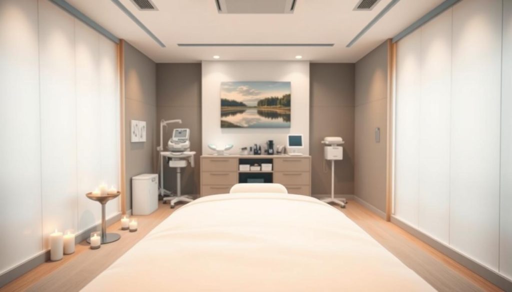 A modern healthcare setting, a tranquil massage therapy room with soft lighting. In the foreground, a massage table with crisp, clean linens invites the viewer. Scattered aromatherapy candles and a serene landscape painting on the wall set a calming ambiance. In the middle ground, medical equipment and supplies suggest the professional, therapeutic nature of the space. The background features sleek, minimalist decor with subtle, soothing tones, creating an atmosphere of wellness and relaxation.