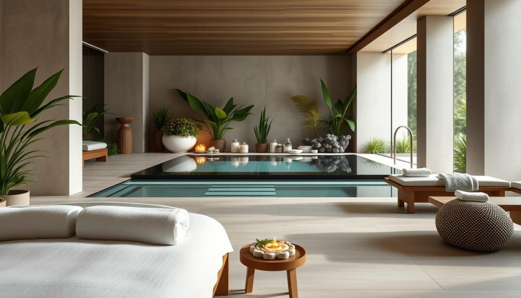 A modern, high-end wellness spa set in a serene, nature-inspired environment. In the foreground, an array of luxury spa packages and treatments are showcased, including massage, facial, and body care options. The middle ground features a tranquil indoor pool area with sleek, minimalist design and soft, diffused lighting. In the background, lush greenery and natural elements such as stone and wood create a calming, spa-like ambiance. The overall mood is one of relaxation, rejuvenation, and exclusivity, inviting the viewer to indulge in a truly pampering experience. A modern, high-end wellness spa set in a serene, nature-inspired environment. In the foreground, an array of luxury spa packages and treatments are showcased, including massage, facial, and body care options. The middle ground features a tranquil indoor pool area with sleek, minimalist design and soft, diffused lighting. In the background, lush greenery and natural elements such as stone and wood create a calming, spa-like ambiance. The overall mood is one of relaxation, rejuvenation, and exclusivity, inviting the viewer to indulge in a truly pampering experience.