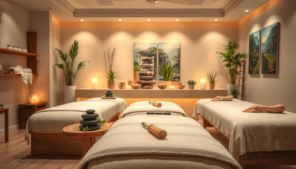 A relaxing massage studio with various massage modalities displayed. In the foreground, a tranquil scene with plush massage tables, soft lighting, and calming essential oil diffusers. In the middle ground, a variety of massage tools and techniques, such as hot stones, bamboo sticks, and kneading hands. The background features soothing nature-inspired decor, like potted plants, waterfalls, and serene landscape paintings. The overall atmosphere is one of rejuvenation and wellness, inviting the viewer to indulge in a deeply restorative massage experience. A relaxing massage studio with various massage modalities displayed. In the foreground, a tranquil scene with plush massage tables, soft lighting, and calming essential oil diffusers. In the middle ground, a variety of massage tools and techniques, such as hot stones, bamboo sticks, and kneading hands. The background features soothing nature-inspired decor, like potted plants, waterfalls, and serene landscape paintings. The overall atmosphere is one of rejuvenation and wellness, inviting the viewer to indulge in a deeply restorative massage experience.