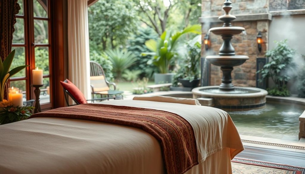A serene Turkish spa setting, with natural light filtering through large windows overlooking a lush garden. In the foreground, a plush massage table draped in soft, luxurious fabrics. Aromatic candles flicker, their gentle flames casting a warm, soothing glow. Intricately carved wooden elements and vibrant textiles create a harmonious, calming ambiance. In the background, a traditional Turkish fountain cascades, its tranquil sounds inviting relaxation. Wisps of fragrant steam rise from an adjacent hammam, hinting at the wellness benefits to be experienced. The overall atmosphere exudes a sense of tranquility and rejuvenation, perfectly encapsulating the restorative powers of Istanbul's massage techniques.