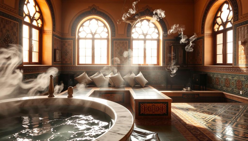 A serene Turkish spa setting, with sunlight filtering through ornate arched windows and casting a warm glow. In the foreground, a traditional marble hammam basin, steam rising from the heated water. On the side, intricately patterned tiles in rich jewel tones. In the middle ground, plush cushions and ornate wooden furnishings, evocative of Turkish opulence. In the background, wisps of aromatic incense, hinting at the soothing aromatherapy practices. The overall atmosphere exudes a sense of tranquility, balance, and deep-rooted cultural heritage.