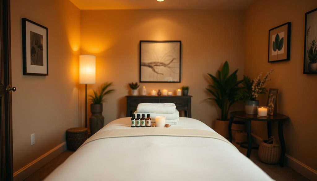 A serene and inviting massage studio, dimly lit with warm amber tones and soft, diffused lighting. The foreground features a padded massage table with crisp white linens, ready to welcome a client. In the middle ground, a selection of aromatherapy oils, scented candles, and plush towels arranged on a wooden side table, creating a sense of customized luxury. The background depicts a tranquil, nature-inspired scene, with potted plants, subtle wall art, and a cozy, calming ambiance, conveying a holistic, rejuvenating experience. A serene and inviting massage studio, dimly lit with warm amber tones and soft, diffused lighting. The foreground features a padded massage table with crisp white linens, ready to welcome a client. In the middle ground, a selection of aromatherapy oils, scented candles, and plush towels arranged on a wooden side table, creating a sense of customized luxury. The background depicts a tranquil, nature-inspired scene, with potted plants, subtle wall art, and a cozy, calming ambiance, conveying a holistic, rejuvenating experience.