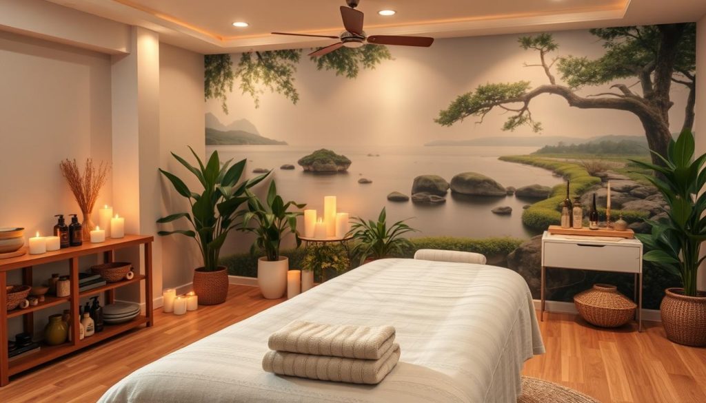 A serene and inviting massage studio with soft lighting, soothing incense, and calming instrumental music playing in the background. In the foreground, a massage table covered in plush linens, surrounded by an array of massage oils, lotions, and other therapeutic tools. In the middle ground, lush potted plants and candles create a tranquil atmosphere. The background features a wall adorned with a beautiful mural depicting a peaceful natural landscape, conveying a sense of harmony and wellbeing. The overall mood is one of relaxation, rejuvenation, and the restorative benefits of massage therapy. A serene and inviting massage studio with soft lighting, soothing incense, and calming instrumental music playing in the background. In the foreground, a massage table covered in plush linens, surrounded by an array of massage oils, lotions, and other therapeutic tools. In the middle ground, lush potted plants and candles create a tranquil atmosphere. The background features a wall adorned with a beautiful mural depicting a peaceful natural landscape, conveying a sense of harmony and wellbeing. The overall mood is one of relaxation, rejuvenation, and the restorative benefits of massage therapy.